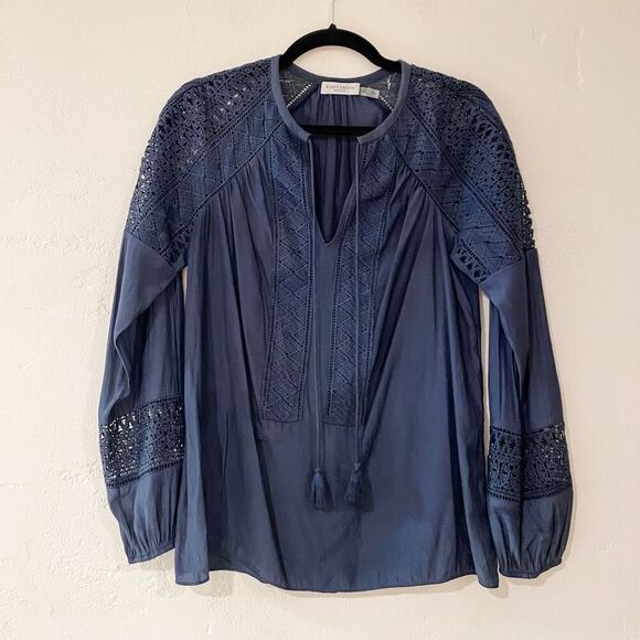 Ramy Brook Winnie Peasant Crochet Blouse in Navy Blue Small - Picture 2 of 8